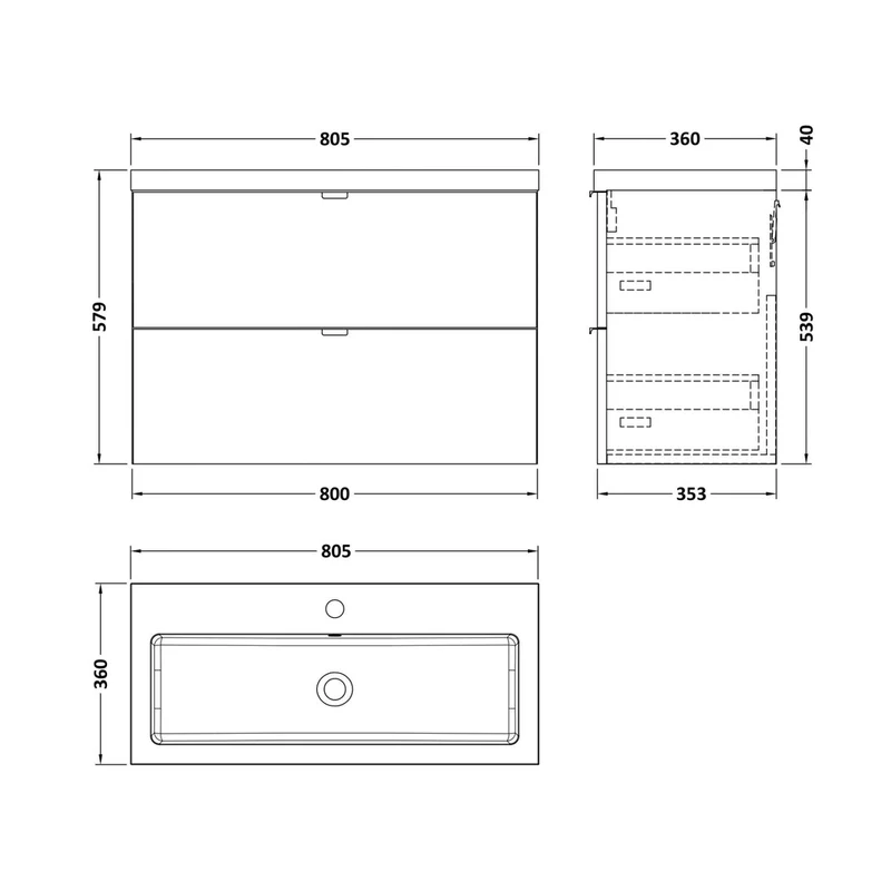 Hudson Reed Fusion 800mm Vanity Unit & Basin Contemp Gloss Grey MFC Painted Gloss 579x805x360mm