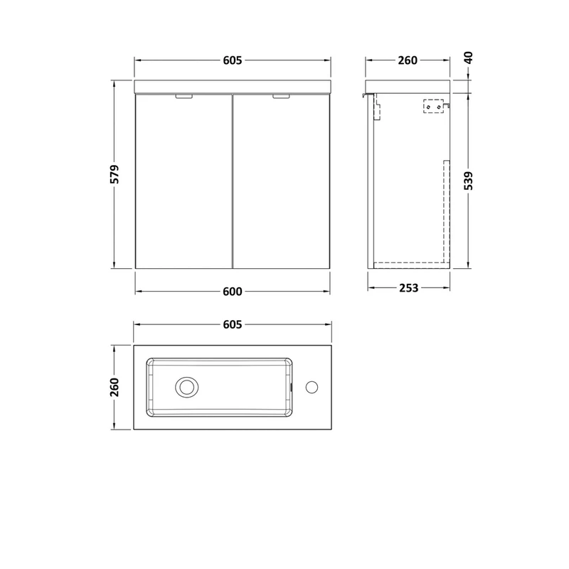 Hudson Reed Fusion 600mm Vanity Unit & Basin Contemp Gloss Grey MFC Painted Gloss 579x605x255mm