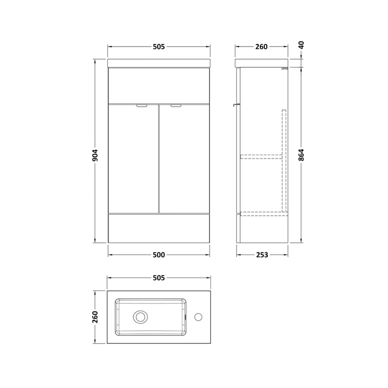 Hudson Reed Fusion 500mm Vanity Unit & Basin - Compact Contemp Gloss Grey MFC Painted Gloss 904x505x260mm
