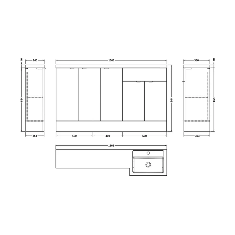 Hudson Reed Fusion 1500mm Right Hand Combination Contemp Gloss Grey MFC Painted Gloss 904x1505x360mm - CBI918