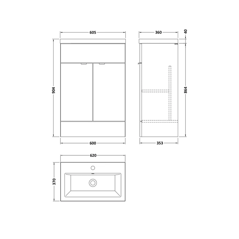 Hudson Reed Fusion 600mm Vanity Unit & Ceramic Basin Contemp Gloss Grey MFC Painted Gloss 904x605x360mm