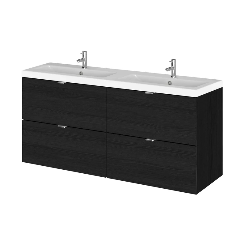 Hudson Reed Fusion 1200mm Vanity Unit & Double Ceramic Basin Contemp Charcoal Black MFC Textured Woodgrain 579x1208x360mm - CBI632A