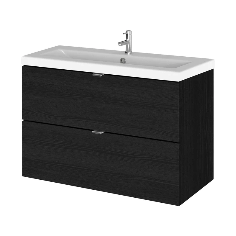 Hudson Reed Fusion 800mm Vanity Unit & Ceramic Basin Contemp Charcoal Black MFC Textured Woodgrain 579x805x360mm