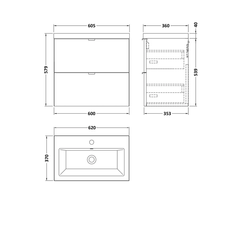 Hudson Reed Fusion 600mm Vanity Unit & Ceramic Basin Contemp Charcoal Black MFC Textured Woodgrain 579x605x360mm - CBI630A
