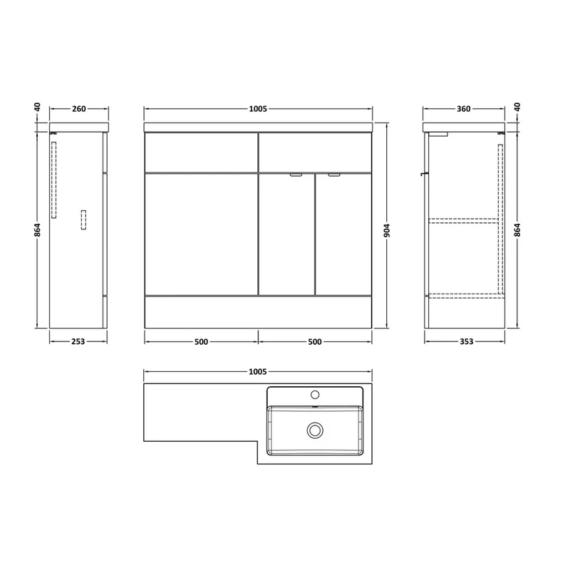 Hudson Reed Fusion 1000mm Right Hand Combination Contemp Charcoal Black MFC Textured Woodgrain 904x1005x360mm
