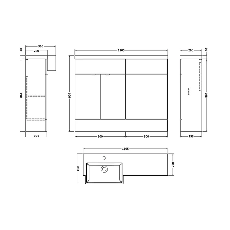 Hudson Reed Fusion 1100mm Combination Unit & Left Hand Semi Recessed Basin Contemp Anthracite Woodgrain MFC Textured Woodgrain 904x1105x360mm - CBI550