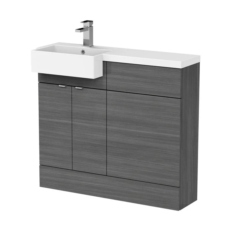 Hudson Reed Fusion 1000mm Combination Unit & Left Hand Semi Recessed Basin Contemp Anthracite Woodgrain MFC Textured Woodgrain 904x1005x360mm - CBI548
