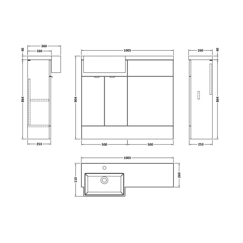 Hudson Reed Fusion 1000mm Combination Unit & Left Hand Semi Recessed Basin Contemp Anthracite Woodgrain MFC Textured Woodgrain 904x1005x360mm - CBI548