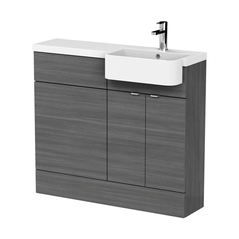 Hudson Reed Fusion 1000mm Combination Unit & Right Hand Semi Recessed Basin Contemp Anthracite Woodgrain MFC Textured Woodgrain 904x1005x360mm - CBI545