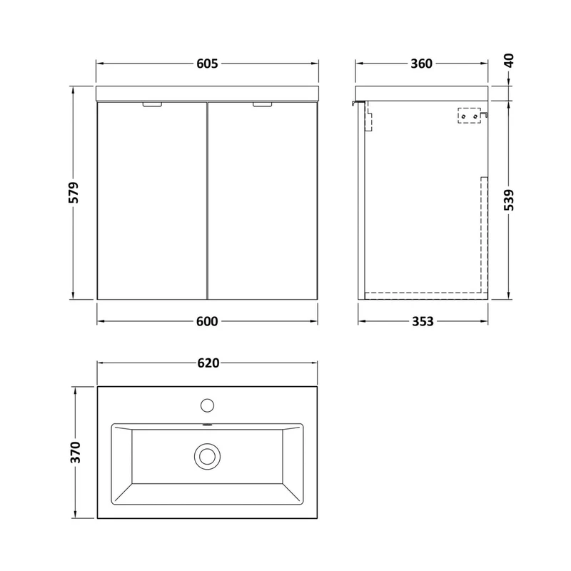 Hudson Reed Fusion 600mm Vanity Unit & Ceramic Basin Contemp Anthracite Woodgrain MFC Textured Woodgrain 579x605x360mm - CBI536A
