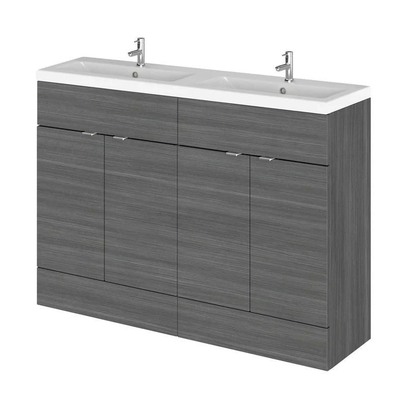 Hudson Reed Fusion 1200mm Vanity Unit & Double Ceramic Basin Contemp Anthracite Woodgrain MFC Textured Woodgrain 904x1208x360mm