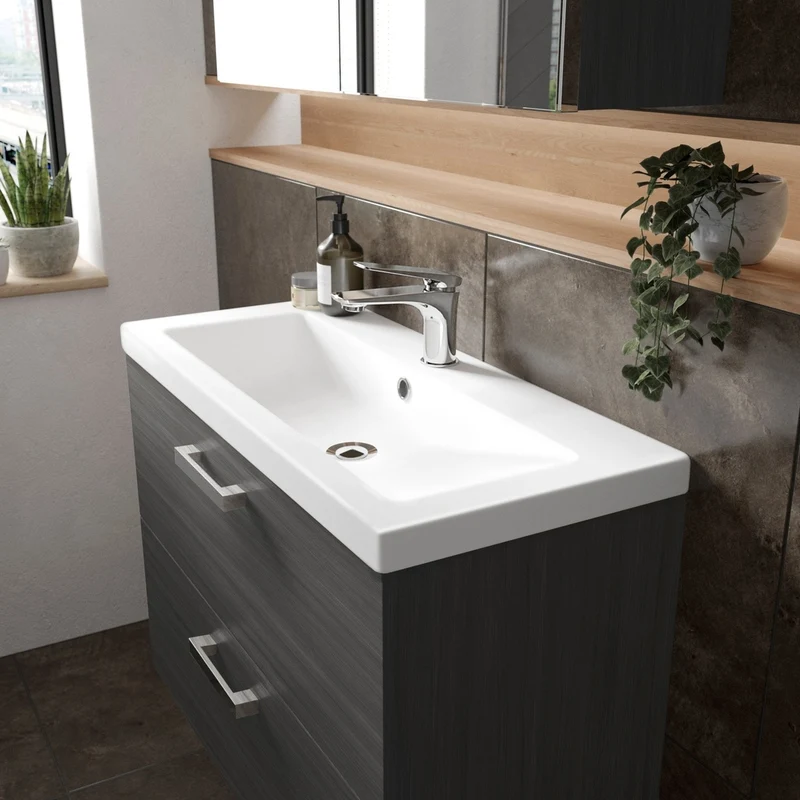 Hudson Reed Fusion 800mm Vanity Unit & Ceramic Basin Contemp Anthracite Woodgrain MFC Textured Woodgrain 579x805x360mm