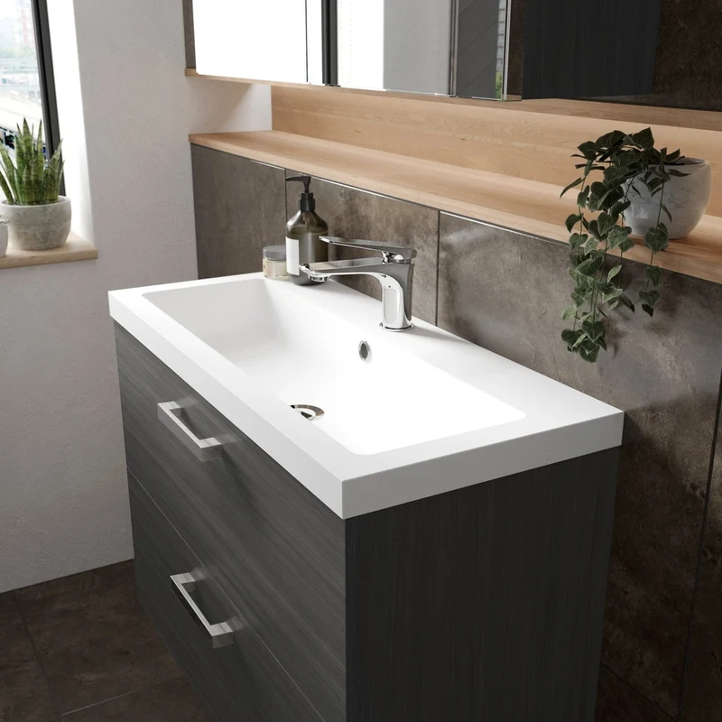 Hudson Reed Fusion 800mm Vanity Unit & Basin Contemp Anthracite Woodgrain MFC Textured Woodgrain 579x805x360mm