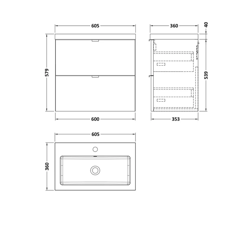 Hudson Reed Fusion 600mm Vanity Unit & Basin Contemp Anthracite Woodgrain MFC Textured Woodgrain 579x605x360mm - CBI530