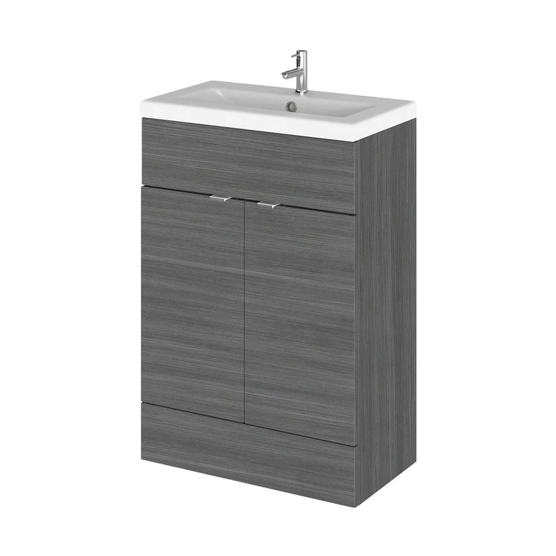 Hudson Reed Fusion 600mm Vanity Unit & Ceramic Basin Contemp Anthracite Woodgrain MFC Textured Woodgrain 904x605x360mm