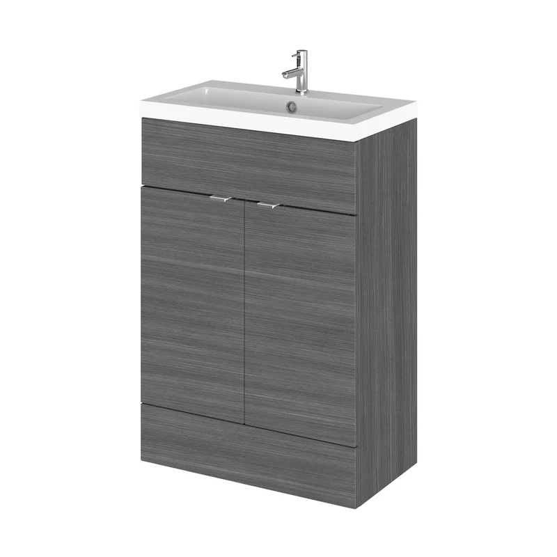 Hudson Reed Fusion 600mm Vanity Unit & Basin Contemp Anthracite Woodgrain MFC Textured Woodgrain 904x605x360mm