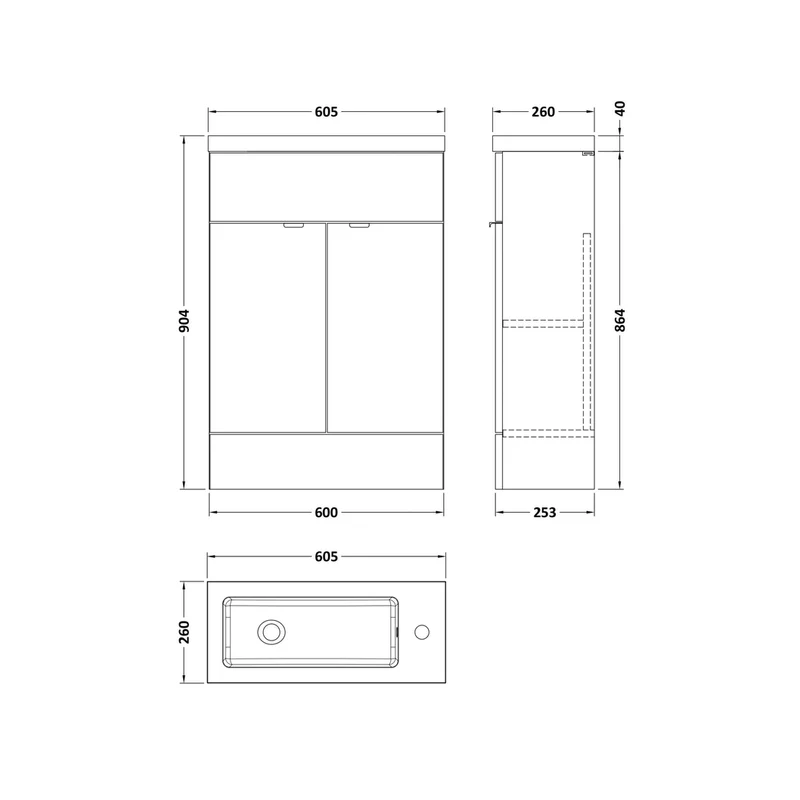 Hudson Reed Fusion 600mm Vanity Unit & Basin - Compact Contemp Anthracite Woodgrain MFC Textured Woodgrain 904x605x260mm
