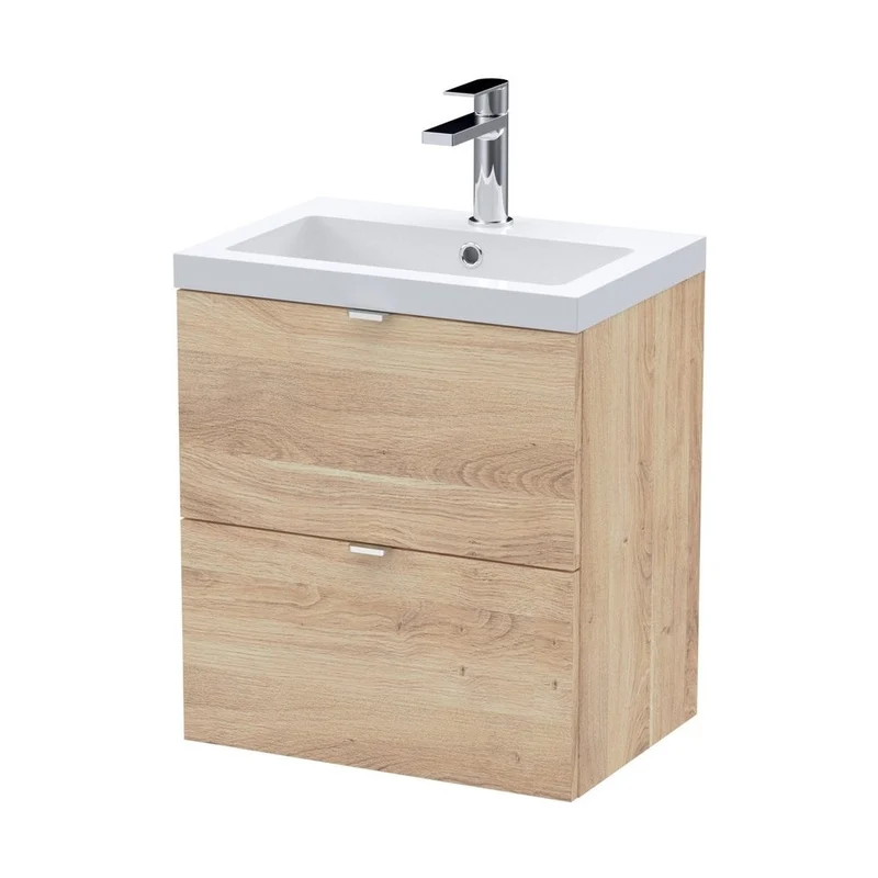 Hudson Reed Fusion 500mm 2-drawer Wall Hung Unit & Basin Contemp Bleached Oak MFC Textured Woodgrain 580x503x383mm
