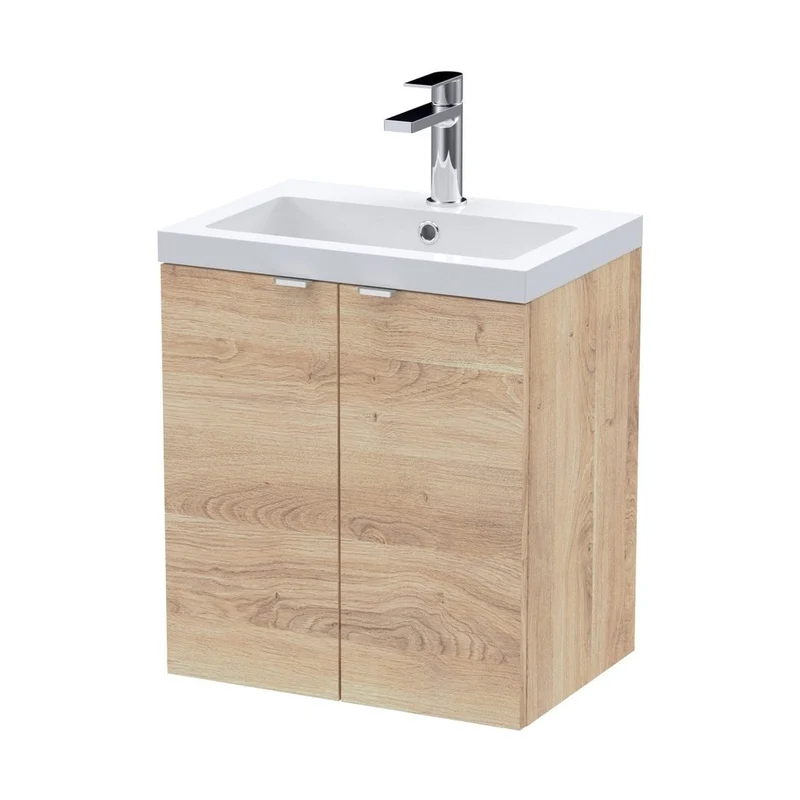 Hudson Reed Fusion 500mm 2-door Wall Hung Unit & Basin Contemp Bleached Oak MFC Textured Woodgrain 580x503x383mm