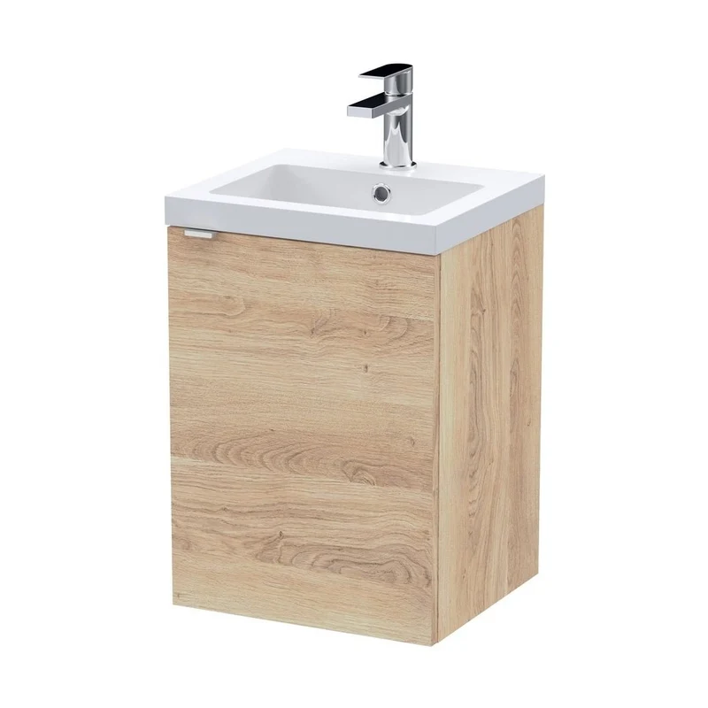 Hudson Reed Fusion 400mm 1-door Wall Hung Unit & Basin Contemp Bleached Oak MFC Textured Woodgrain 580x403x383mm