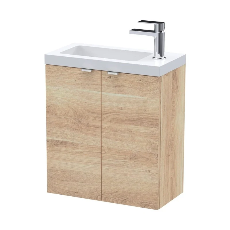 Hudson Reed Fusion 500mm 2-door Wall Hung Unit & Basin Contemp Bleached Oak MFC Textured Woodgrain 580x503x283mm