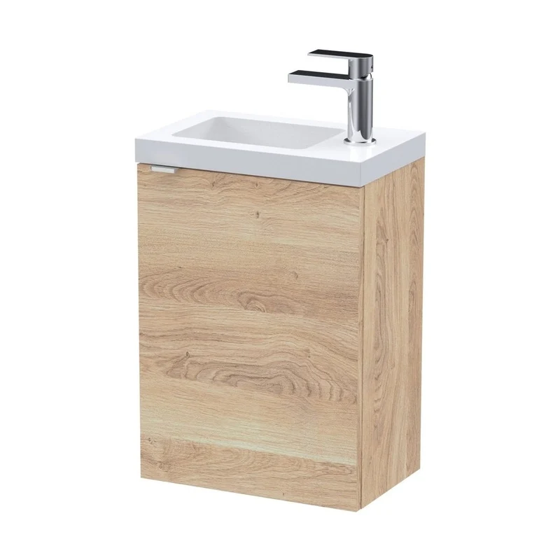 Hudson Reed Fusion 400mm 1-door Wall Hung Unit & Basin Contemp Bleached Oak MFC Textured Woodgrain 580x403x283mm