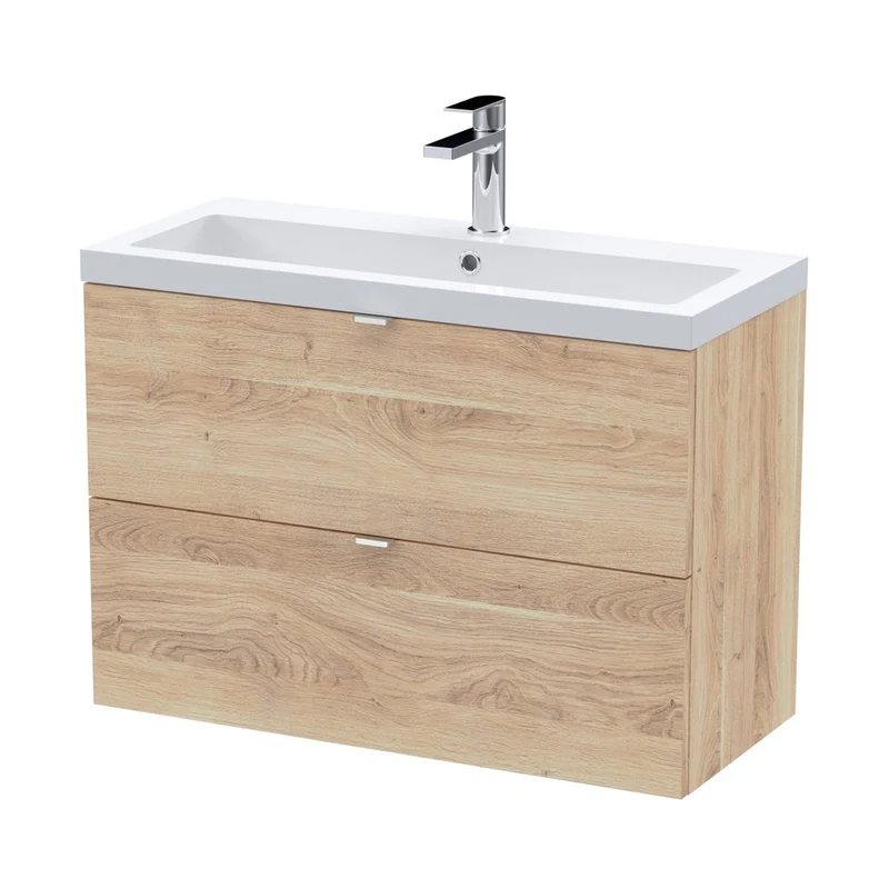 Hudson Reed Fusion 800mm Wall Hung 2-drawer Unit & Basin Contemp Bleached Oak MFC Textured Woodgrain 580x803x383mm
