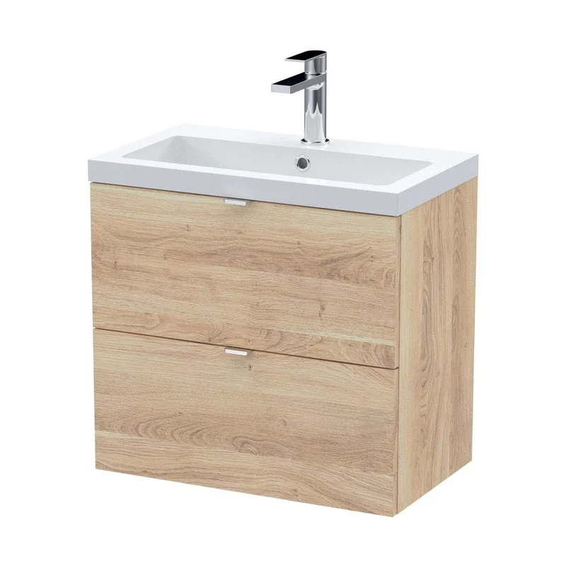 Hudson Reed Fusion 600mm Wall Hung 2-drawer Unit & Basin Contemp Bleached Oak MFC Textured Woodgrain 580x610x383mm