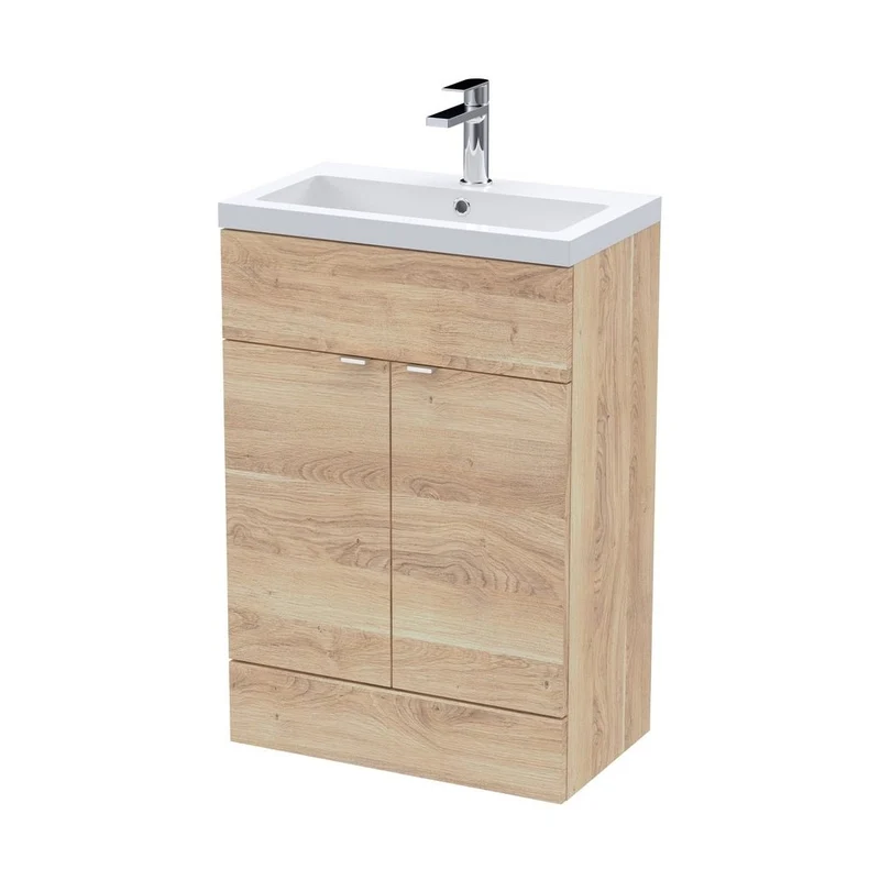 Hudson Reed Fusion 600mm Vanity Unit & Basin Contemp Bleached Oak MFC Textured Woodgrain 904x610x370mm
