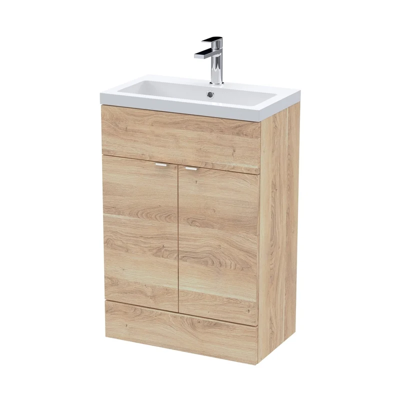 Hudson Reed Fusion 600mm Vanity Unit & Basin Contemp Bleached Oak MFC Textured Woodgrain 904x603x355mm