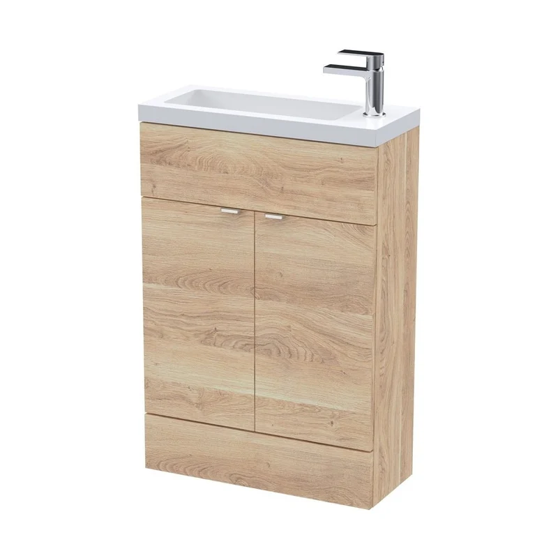 Hudson Reed Fusion 600mm Compact Vanity Unit & Basin Contemp Bleached Oak MFC Textured Woodgrain 904x603x255mm