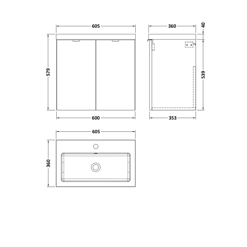 Hudson Reed Fusion 600mm Vanity Unit & Basin Contemp Gloss White MFC Painted Gloss 579x605x360mm - CBI136