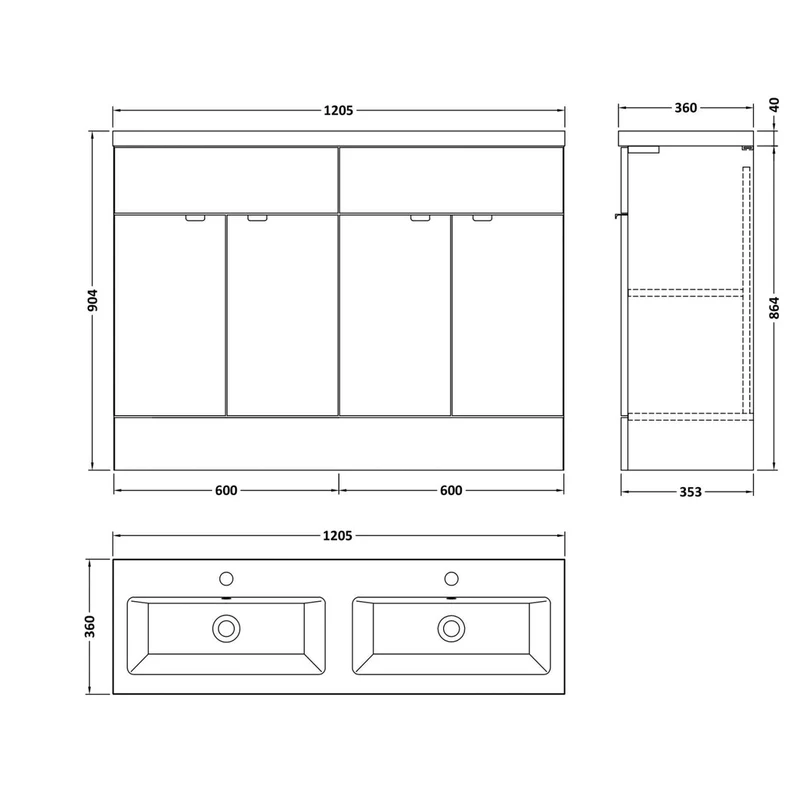 Hudson Reed Fusion 1200mm Vanity Unit & Double Ceramic Basin Contemp Gloss White MFC Painted Gloss 904x1208x360mm