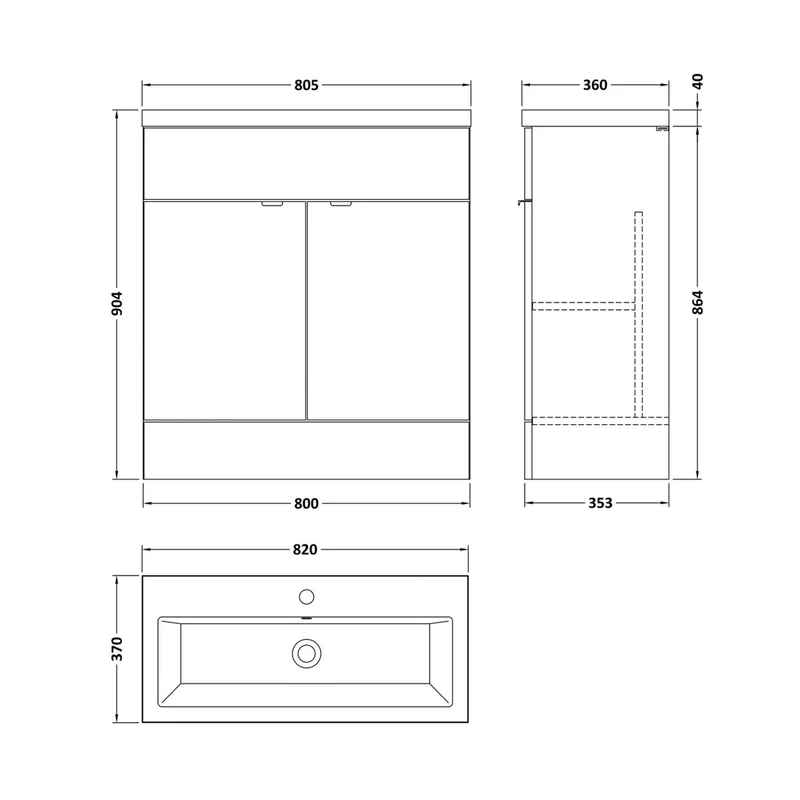 Hudson Reed Fusion 800mm Vanity Unit & Ceramic Basin Contemp Gloss White MFC Painted Gloss 904x805x360mm