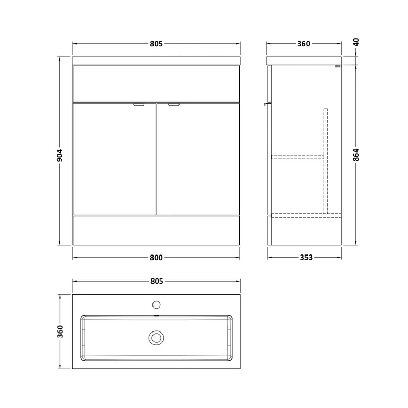 Hudson Reed Fusion 800mm Vanity Unit & Basin Contemp Gloss White MFC Painted Gloss 904x805x360mm