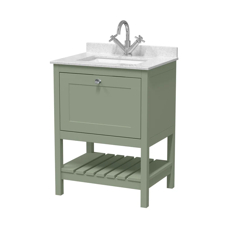 Hudson Reed Bexley 600mm Floor Standing Vanity & Marble Top 1th Trad Fern Green MDF Vinyl Smooth Matt 814x620x463mm