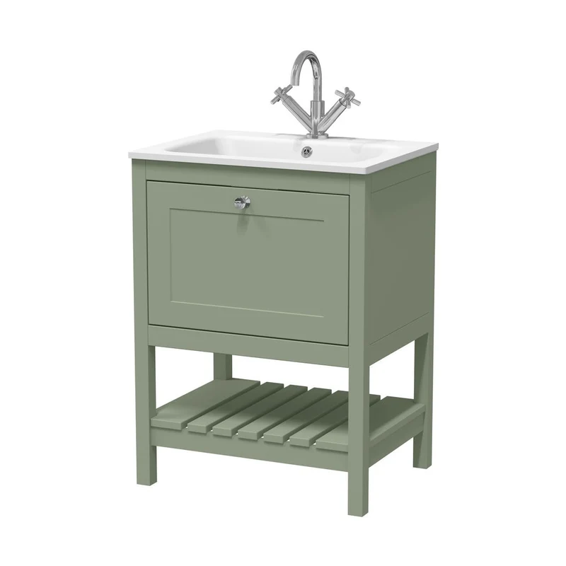 Hudson Reed Bexley 600mm Floor Standing Drawer & Stone Basin 1th Trad Fern Green MDF Vinyl Smooth Matt,stone 816x610x460mm - BEX825P