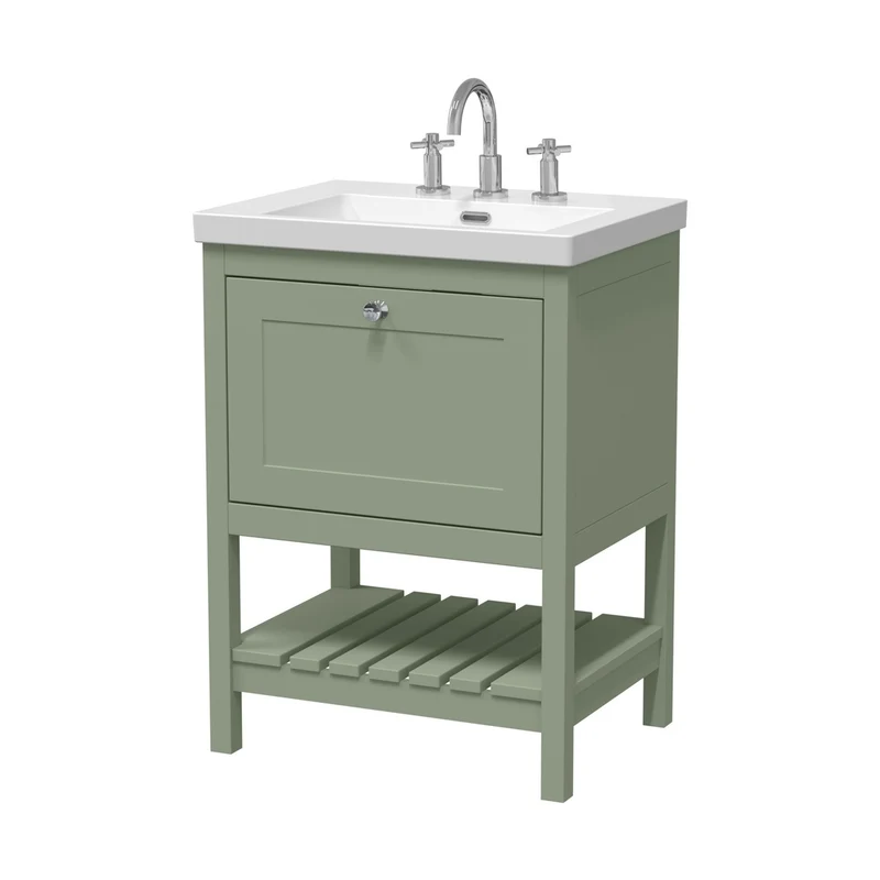 Hudson Reed Bexley 600mm Floor Standing Vanity & Basin 3th Trad Fern Green Fireclay,MDF Vinyl Smooth Matt 845x613x462mm