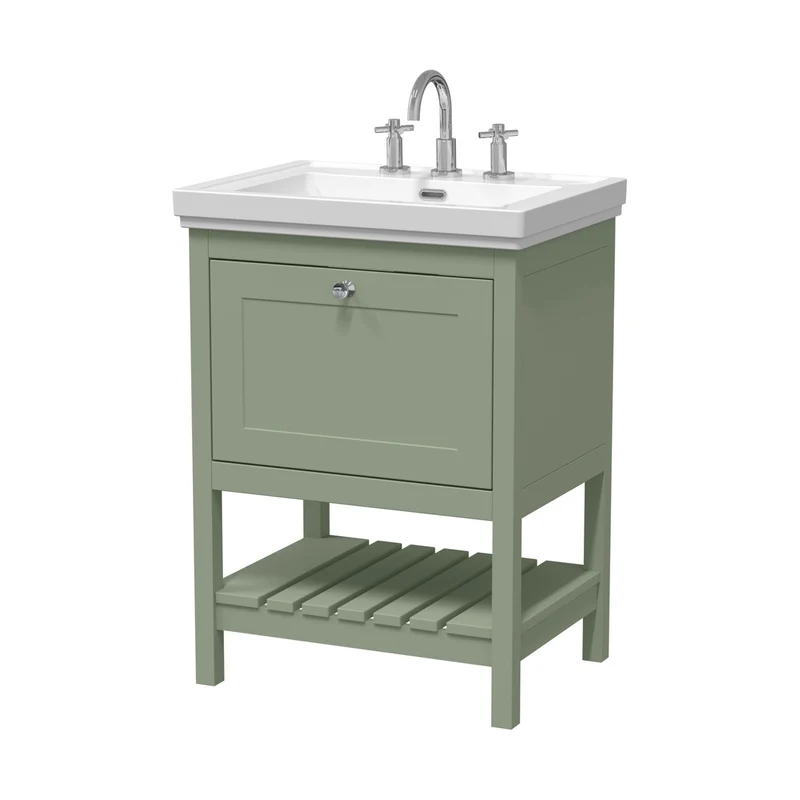 Hudson Reed Bexley 600mm Floor Standing Vanity & Basin 3th Trad Fern Green Fireclay,MDF Vinyl Smooth Matt 865x630x471mm