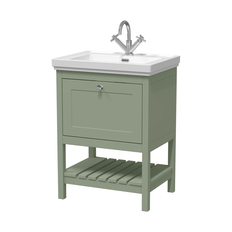 Hudson Reed Bexley 600mm Floor Standing Vanity & Basin 1th Trad Fern Green Fireclay,MDF Vinyl Smooth Matt 865x630x471mm