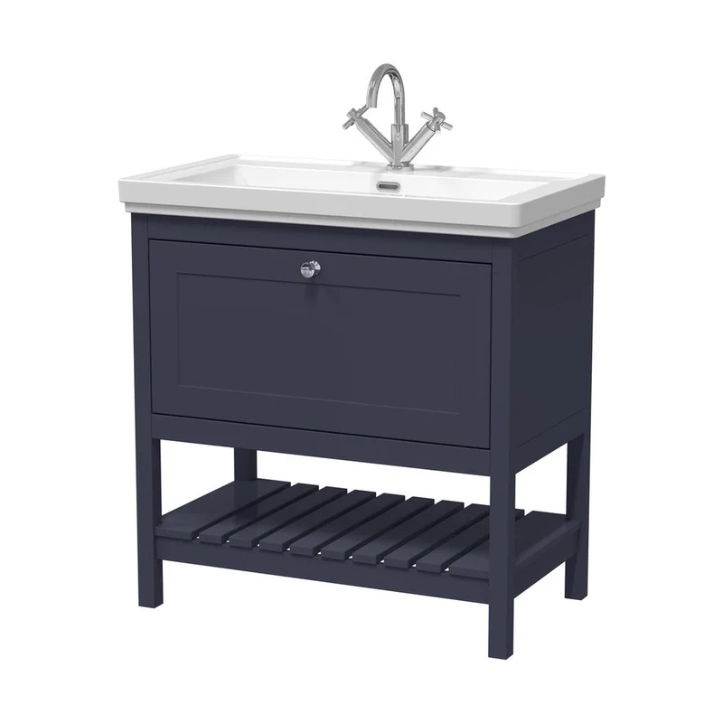 Hudson Reed Bexley 800mm Floor Standing Vanity & Basin 1th Trad Indigo Blue Fireclay,MDF Vinyl Smooth Matt 865x830x470mm