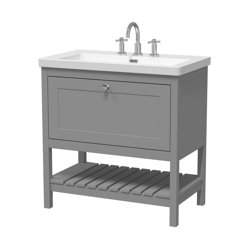 Hudson Reed Bexley 800mm Floor Standing Vanity & Basin 3th Trad Cool Grey Fireclay,MDF Vinyl Smooth Matt 845x813x462mm