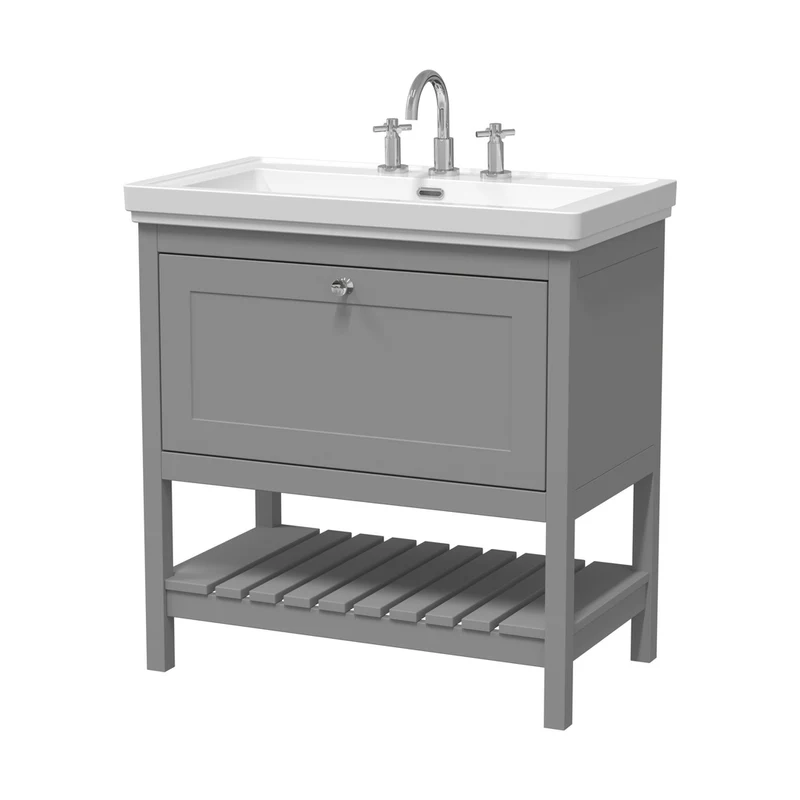 Hudson Reed Bexley 800mm Floor Standing Vanity & Basin 3th Trad Cool Grey Fireclay,MDF Vinyl Smooth Matt 865x830x470mm