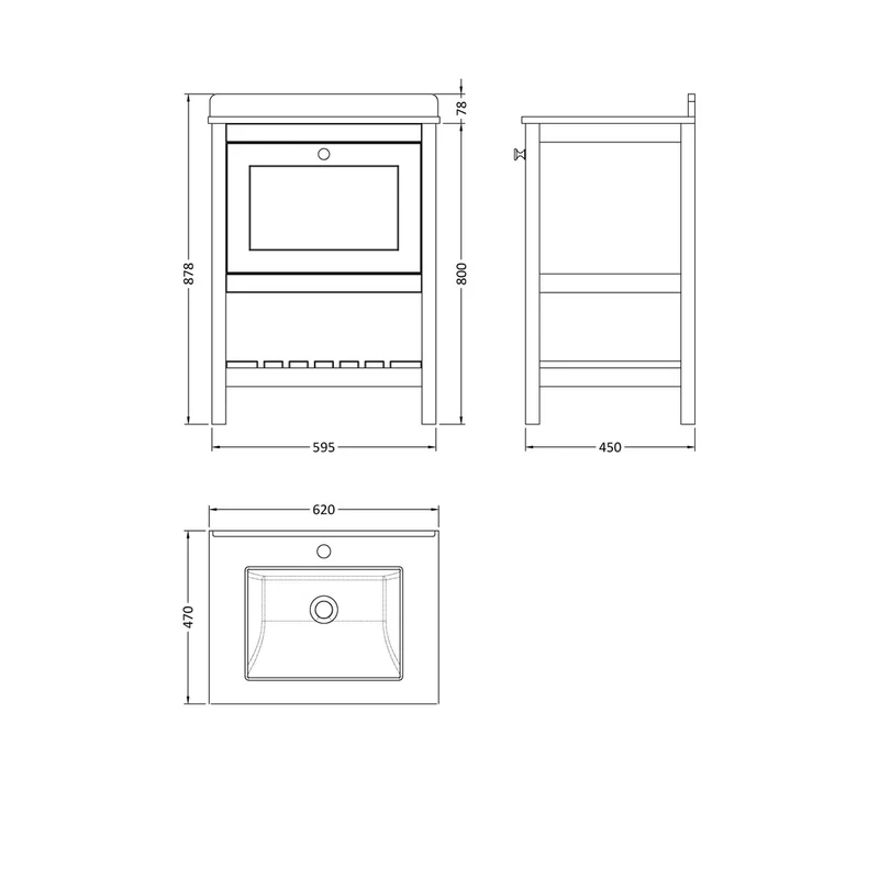 Hudson Reed Bexley 600mm Floor Standing Vanity & Marble Top 1th Trad Cool Grey MDF Vinyl Smooth Matt 814x620x463mm