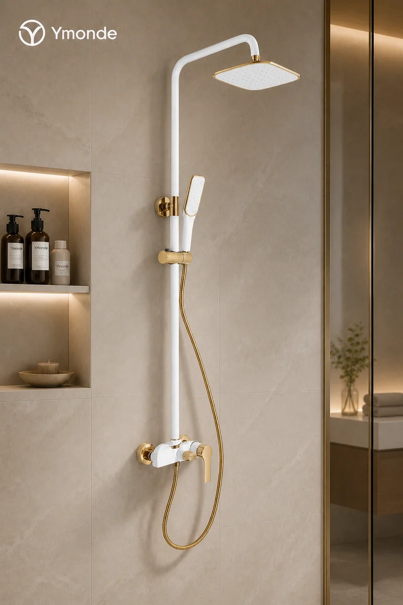 ShinyFlow Luxe Witte Doucheset met Goudaccenten en Regendouche | Ymonde