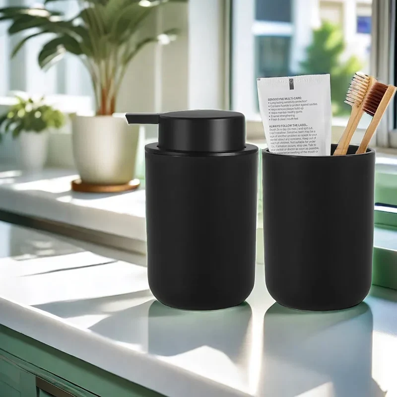 Set pour salle de bain 2 pièces : Distributeur de savon et pot de rangement