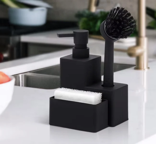 Kit nettoyage évier : Distributeur de savon + Porte éponge + Brosse