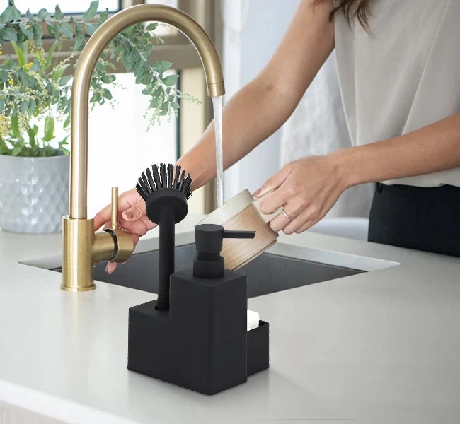 Kit nettoyage évier : Distributeur de savon + Porte éponge + Brosse