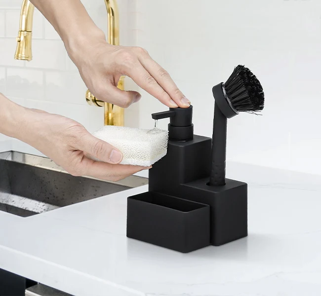Kit nettoyage évier : Distributeur de savon + Porte éponge + Brosse