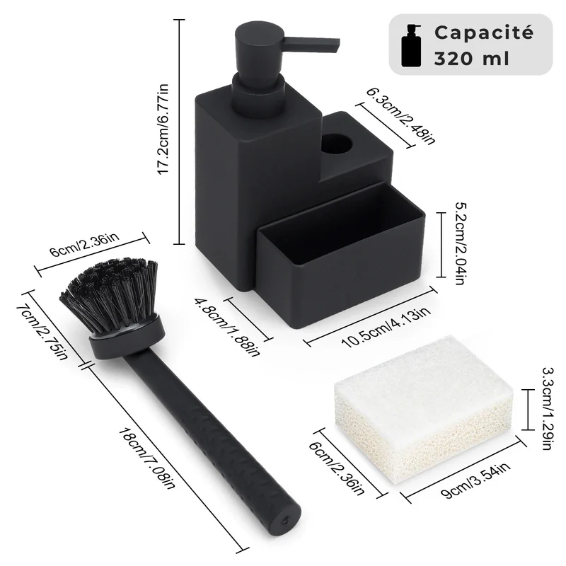 Kit nettoyage évier : Distributeur de savon + Porte éponge + Brosse